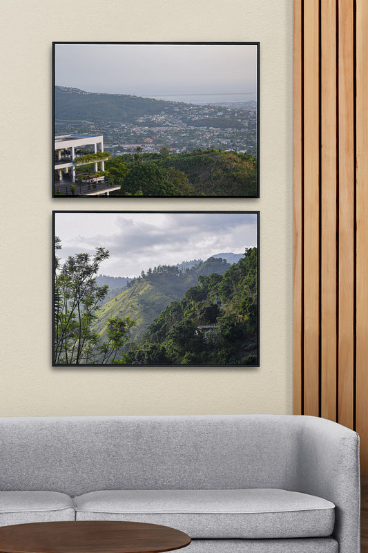 A photo overlooking the city and sea from the hills of Kingston, St. Andrew, Jamaica. Jamaican art, gallery wall.