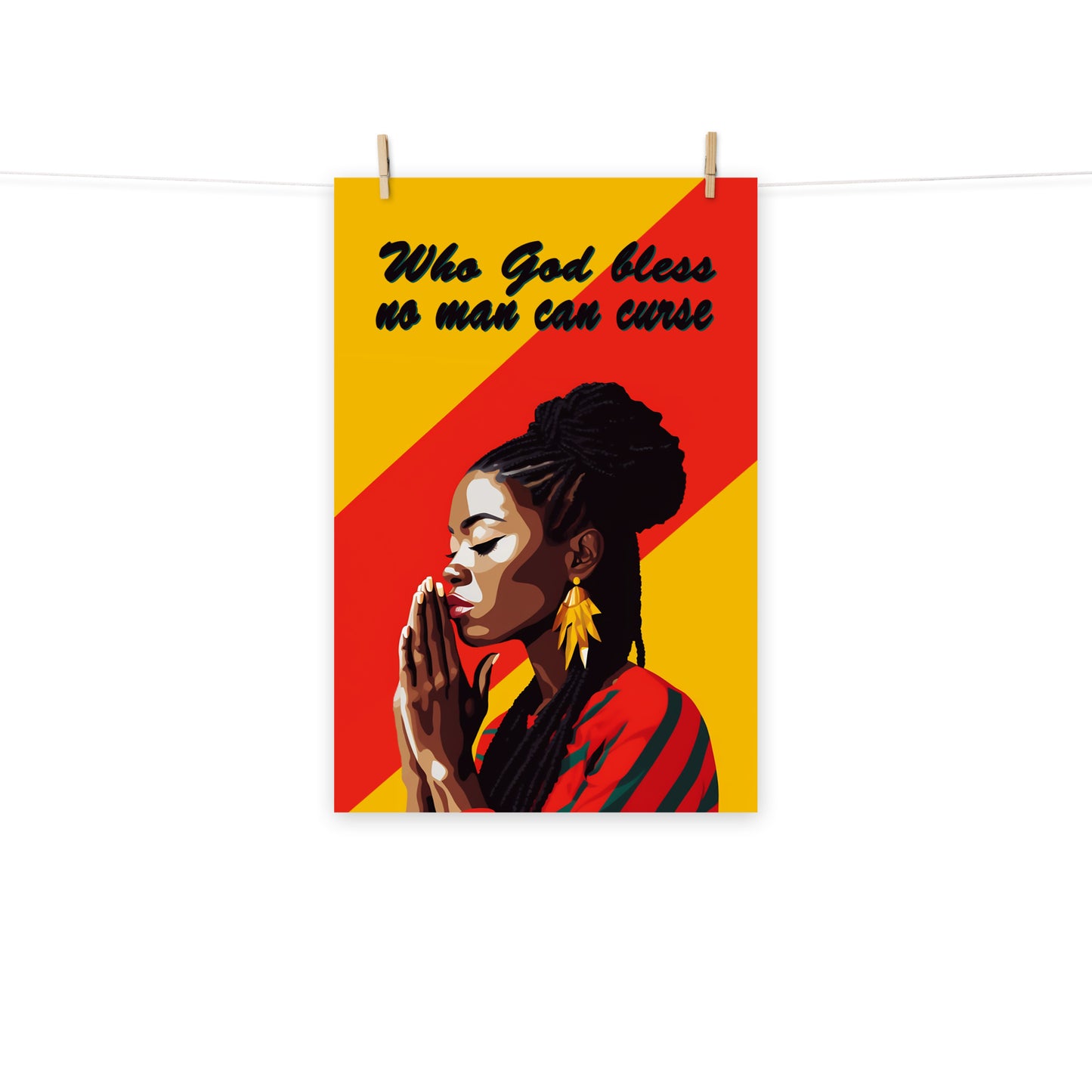 Digital wall art of a woman praying with the words "Who God bless, no man can curse", a common Jamaican colloquialism meaning that one is protected by God's blessings.