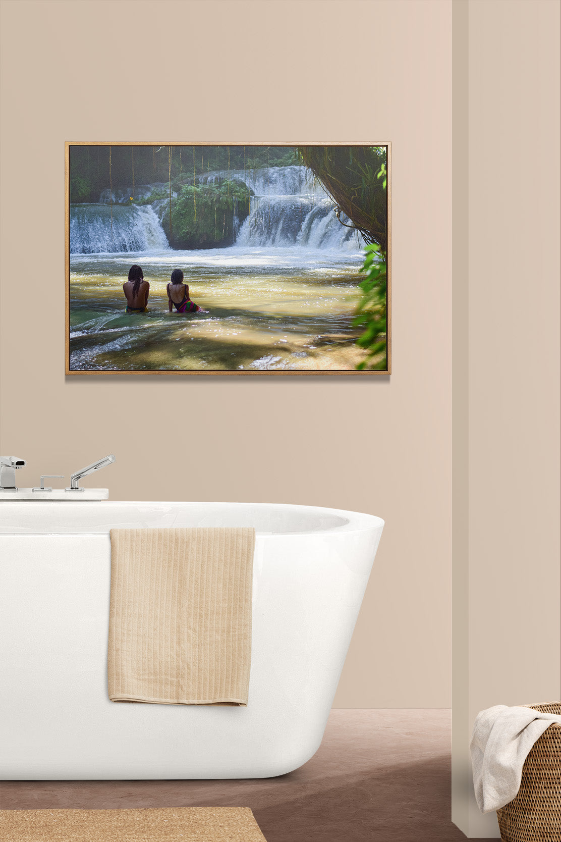 A dreamy photo of a couple with locs relaxing in Y.S. Falls, St. Elizabeth, Jamaica. bathroom wall art, Jamaican art.