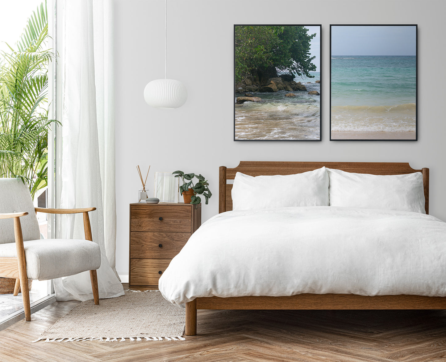 A photo of where the land meets the sea on the beach in Ocho Rios, St. Ann, Jamaica in a bedroom gallery wall..