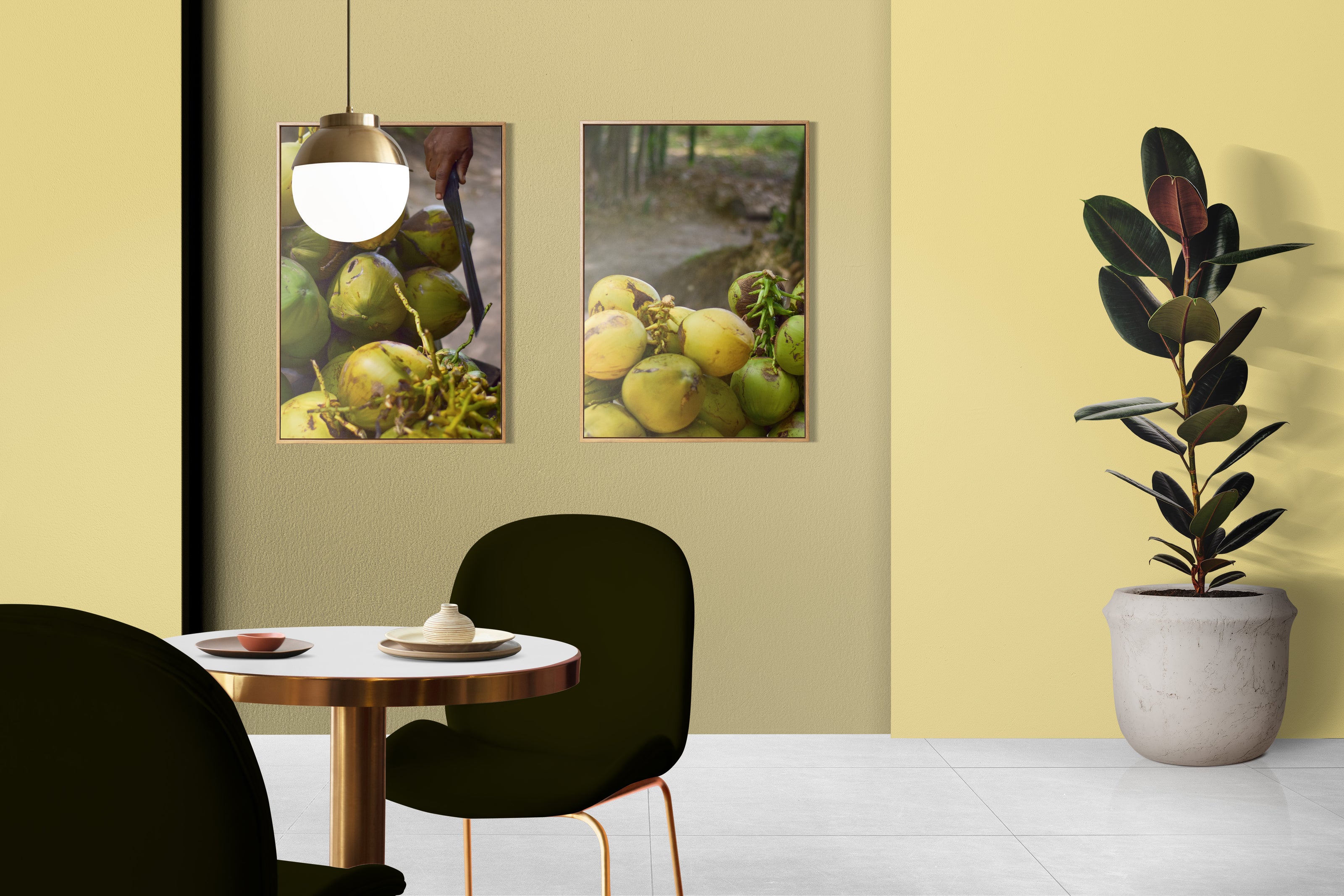 A vibrant photo of a woman chopping coconuts with a machete in Holland Bamboo, St Elizabeth, Jamaica in a dining room gallery wall.