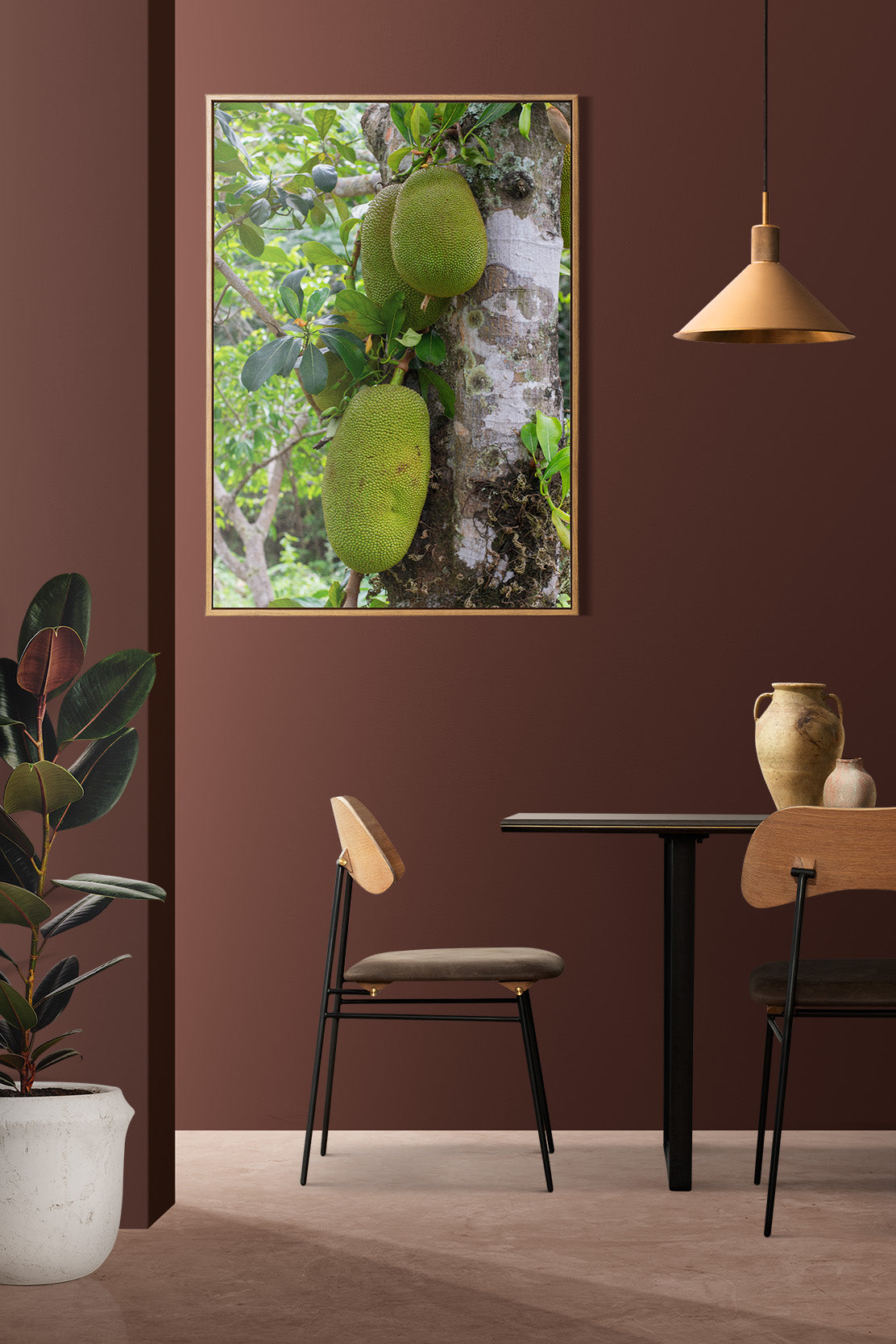 A vibrant photo of the exotic jackfruit tree in the hills of Hanover, Jamaica in a dining room.