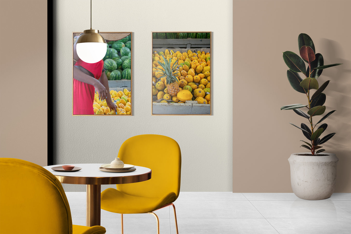 A vibrant photo of a woman shopping for tropical fruits at Coronation Market, Kingston, Jamaica in a kitchen gallery wall.