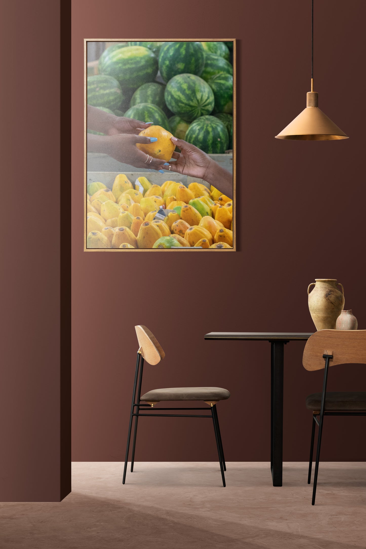 A vibrant photo of two friends shopping for tropical fruits at Coronation Market, Kingston, Jamaica in a dining room.