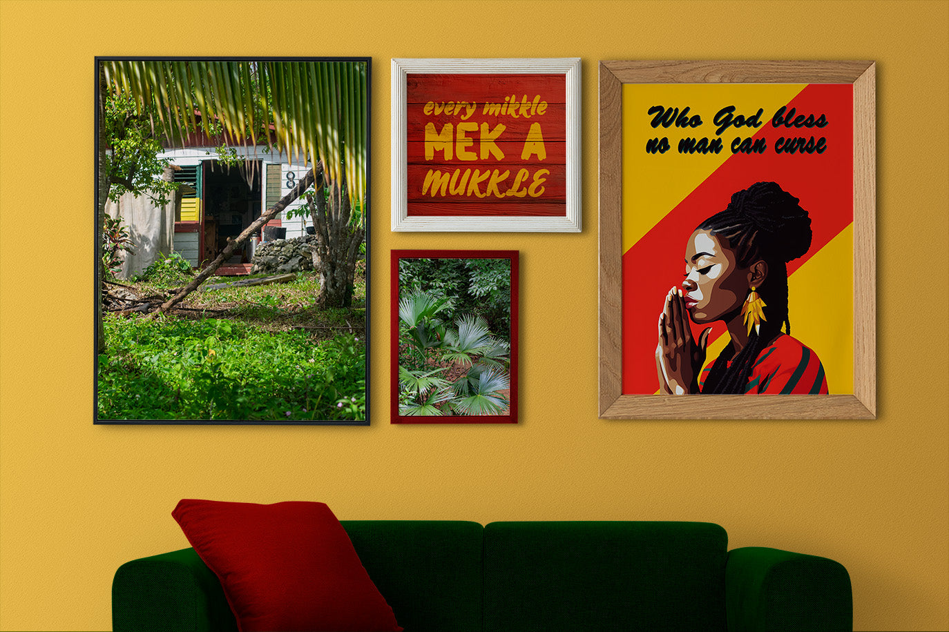 Digital wall art of a woman praying with the words "Who God bless, no man can curse", a common Jamaican colloquialism meaning that one is protected by God's blessings. Jamaican wall art, gallery wall.