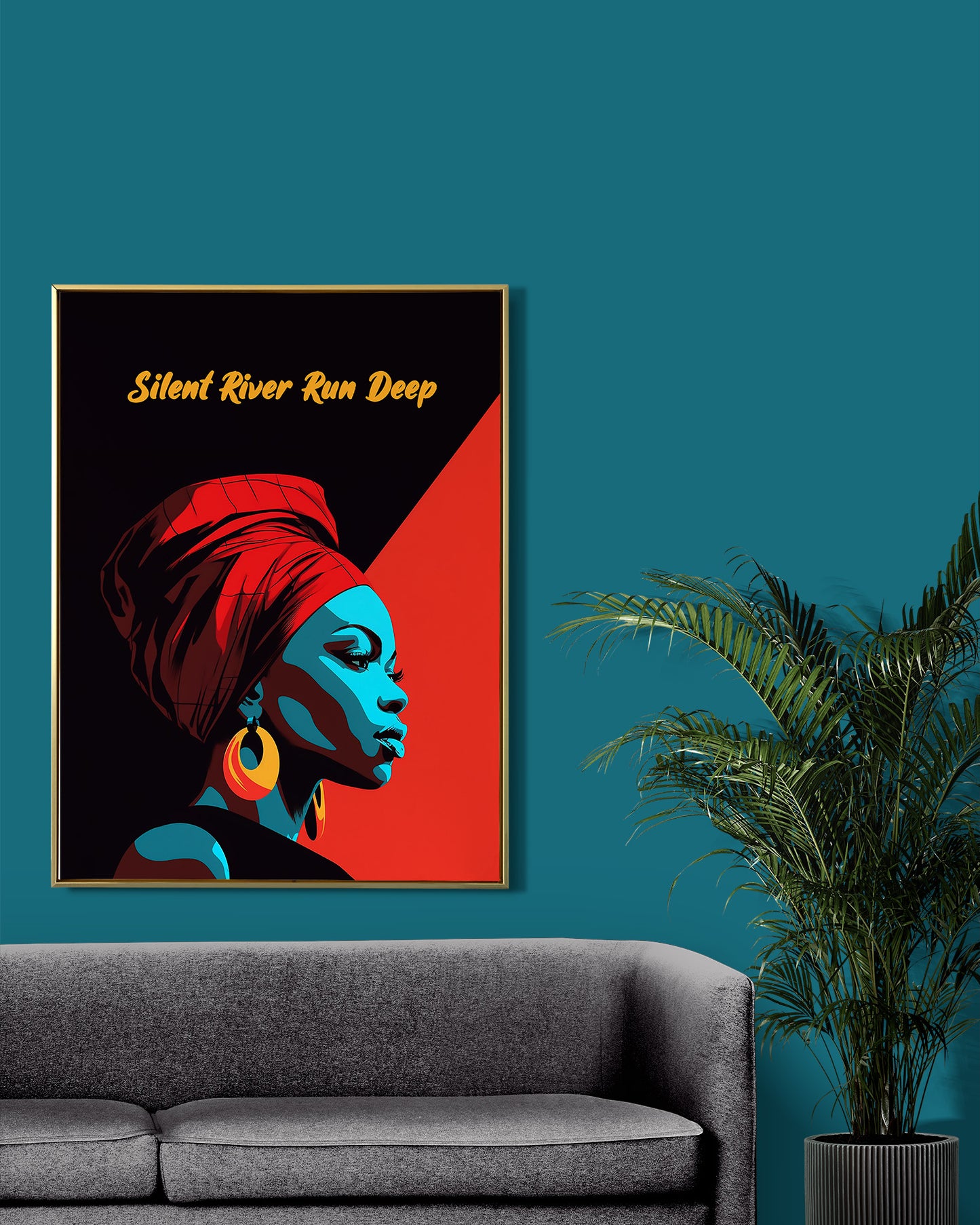 Digital wall art of a woman wearing a head wrap with the words "Silent River Run Deep", a common Jamaican colloquialism meaning to never underestimate a person who is quiet. Jamaican wall art, gallery wall art.