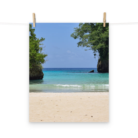 A photo of the Caribbean Sea from the beach at Frenchman's Cove in Portland, Jamaica.