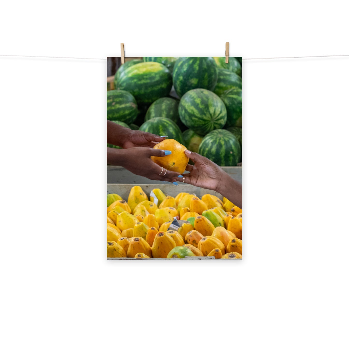 A vibrant photo of two friends shopping for tropical fruits at Coronation Market, Kingston, Jamaica.