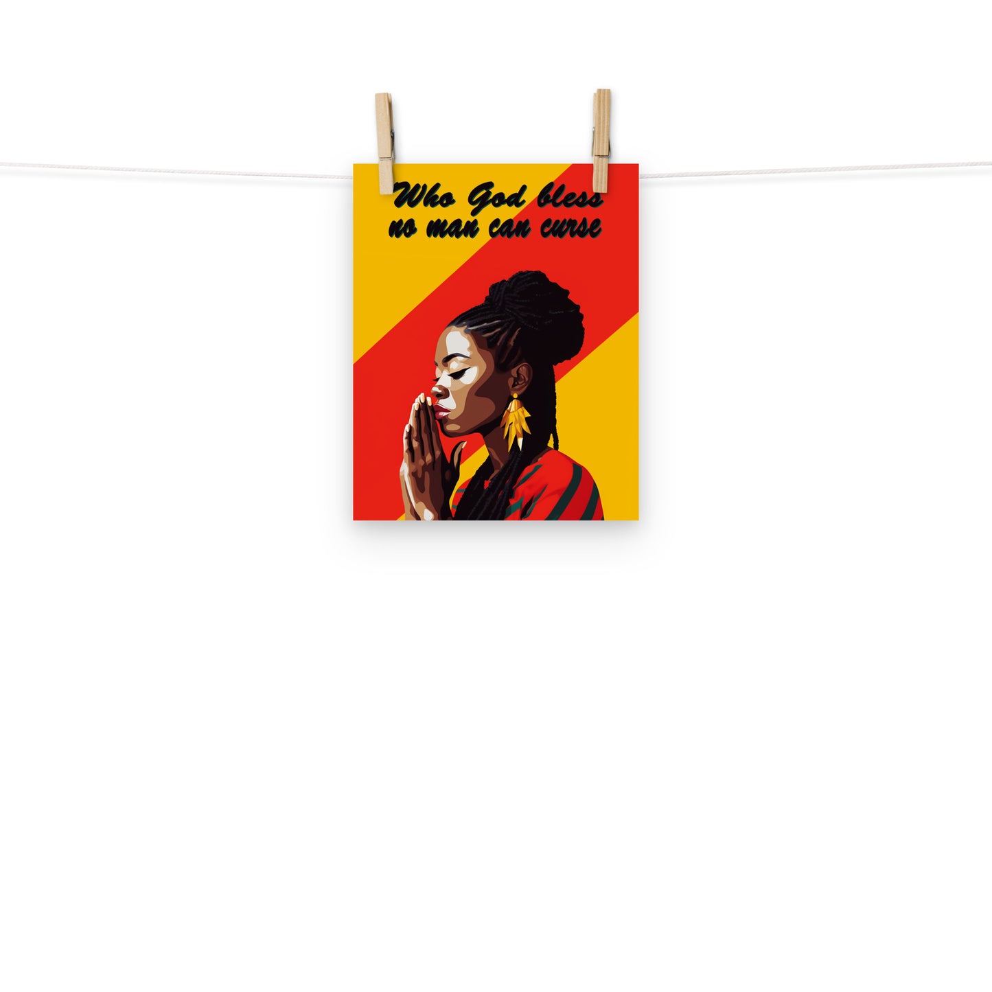 Digital wall art of a woman praying with the words "Who God bless, no man can curse", a common Jamaican colloquialism meaning that one is protected by God's blessings.